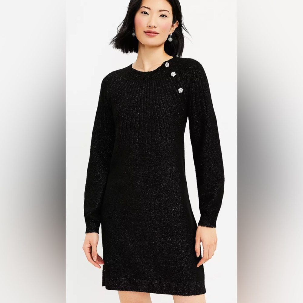 Women’s The Loft Black XSP Petite Jeweled Shoulder Button Sweater Dress